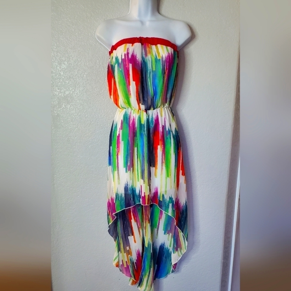Bebe 2b Colorful Strapless High Low Mini Maxi Dress Size XS Party Cocktail Sheer